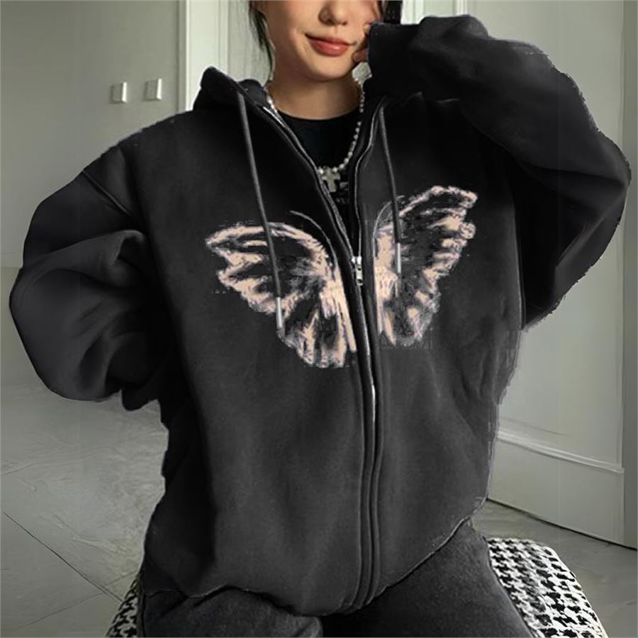 Siyah Vintage Butterfly Kapüşonlu Sweatshirt 
