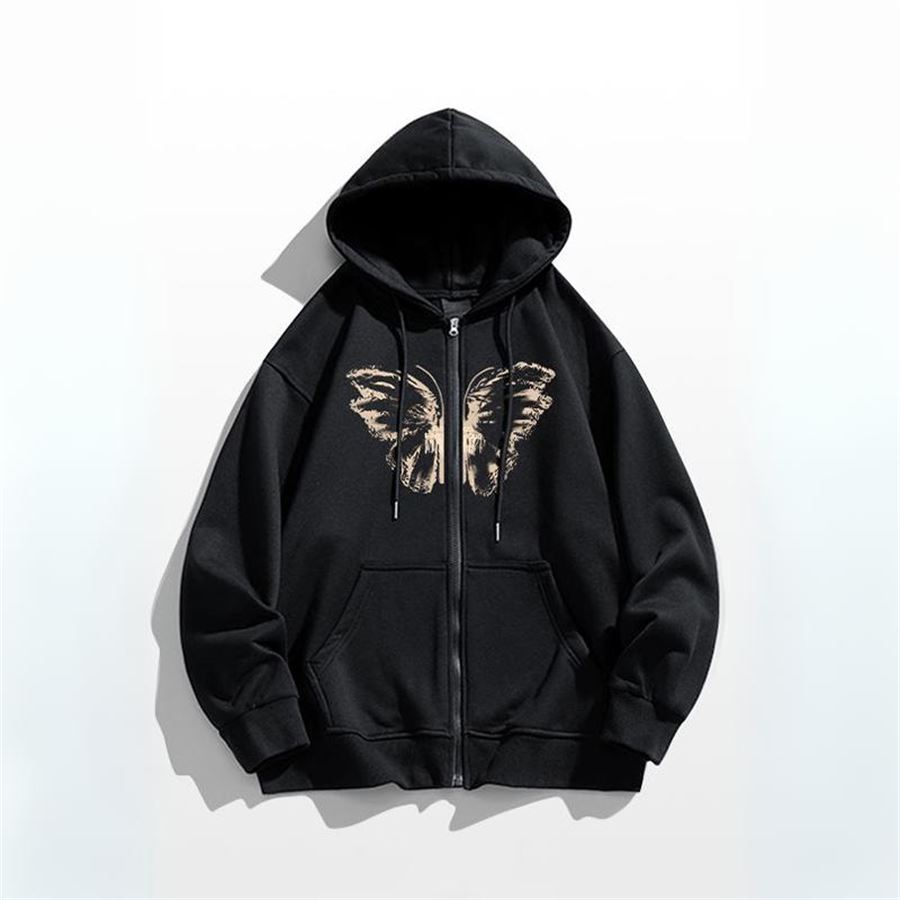 Siyah Vintage Butterfly Kapüşonlu Sweatshirt 