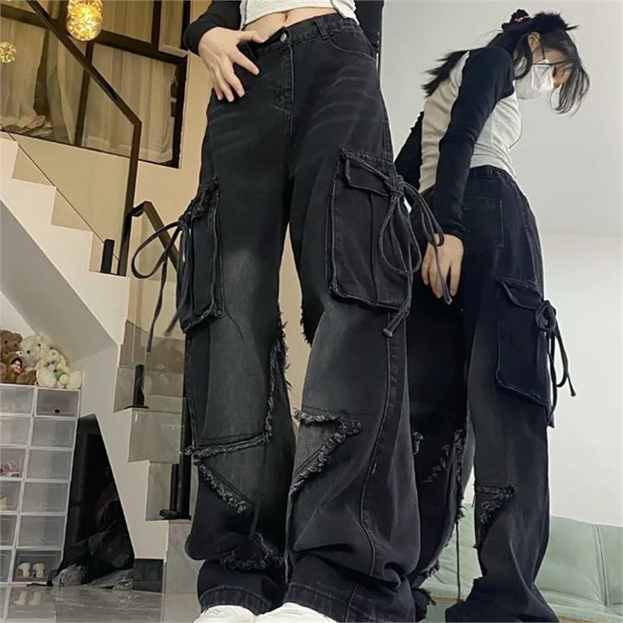 Siyah Yıldız Yamalı Vintage Kargo Cepli Baggy Kot Pantolon