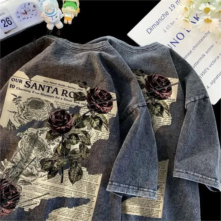 Antrasit Santa Rose Floral Yıkamalı Kumaş Unisex T-Shirt 