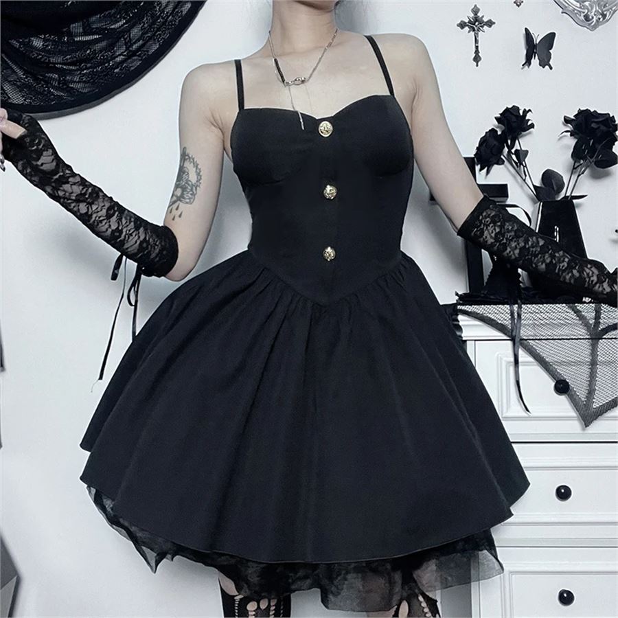 Siyah Gothic Düğmeli Askılı Elbise 