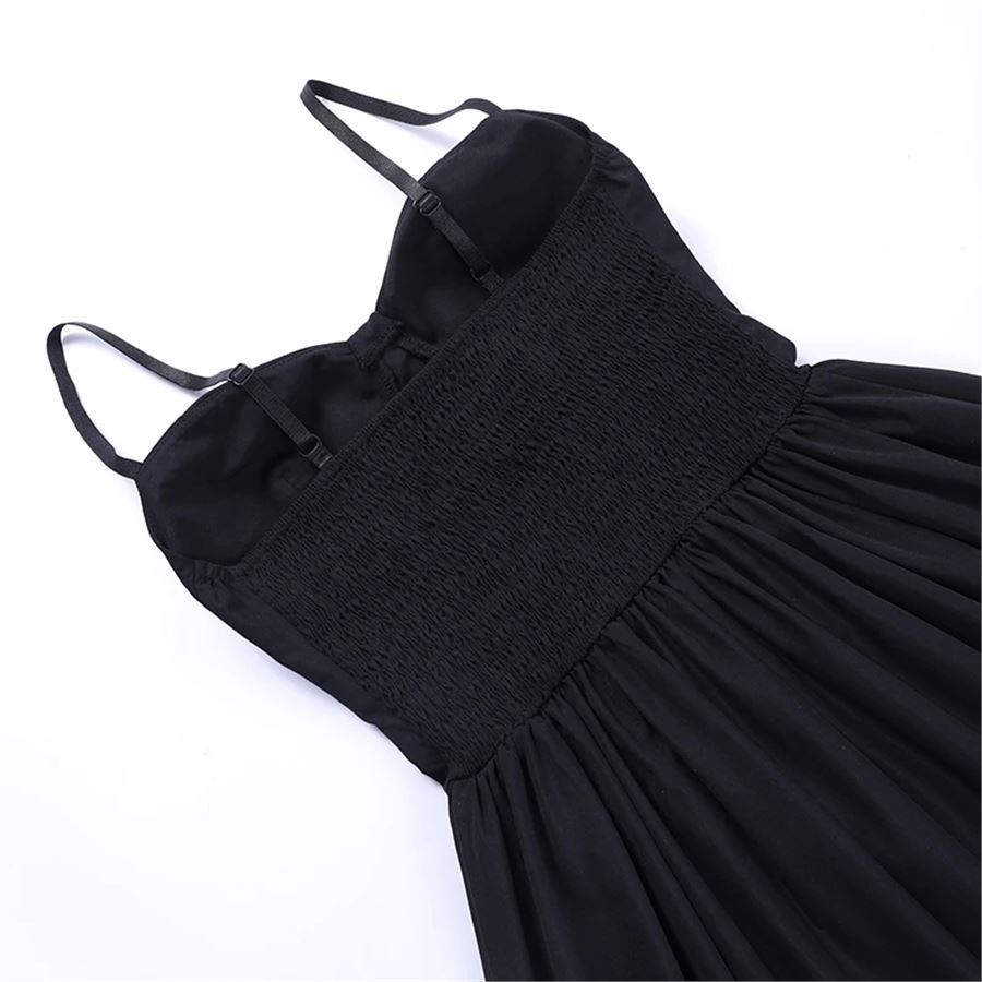 Siyah Gothic Düğmeli Askılı Elbise 