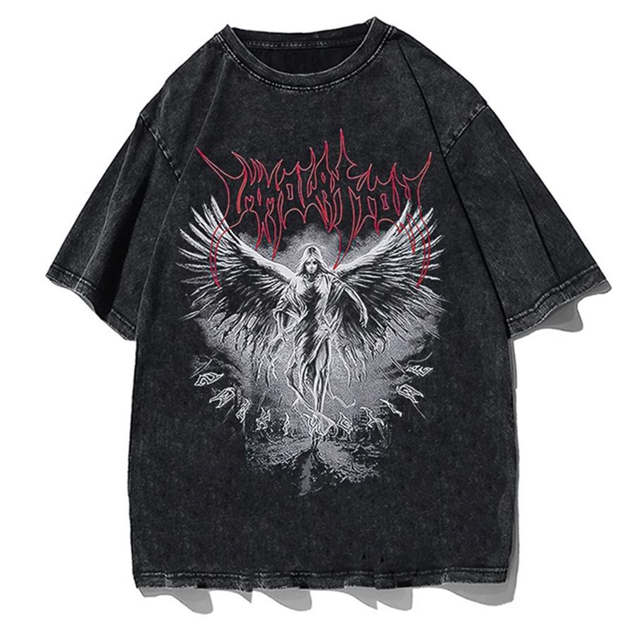 Antrasit Gothic Punk Angel Unisex Yıkamalı Kumaş T-Shirt