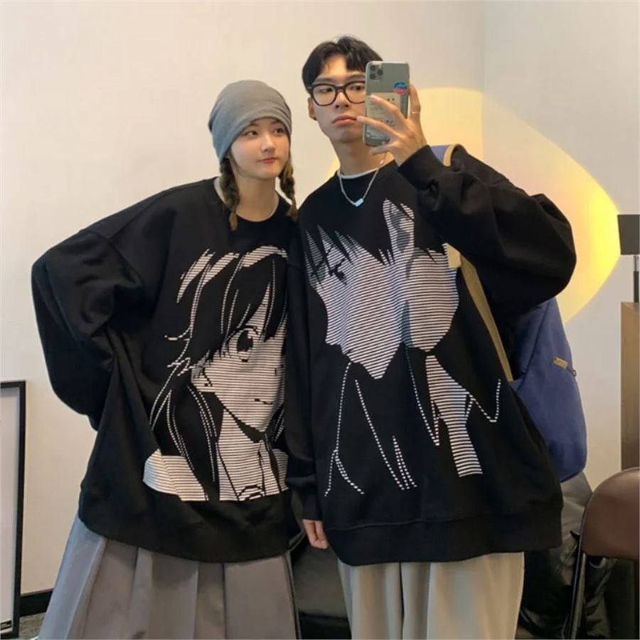 Siyah Vintage Anime Girl & Anime Boy Couple Uzun Kollu Sweatshirt