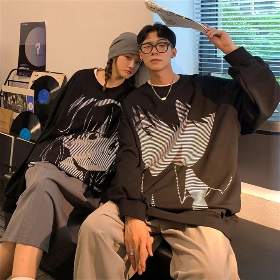 Siyah Vintage Anime Girl & Anime Boy Couple Uzun Kollu Sweatshirt