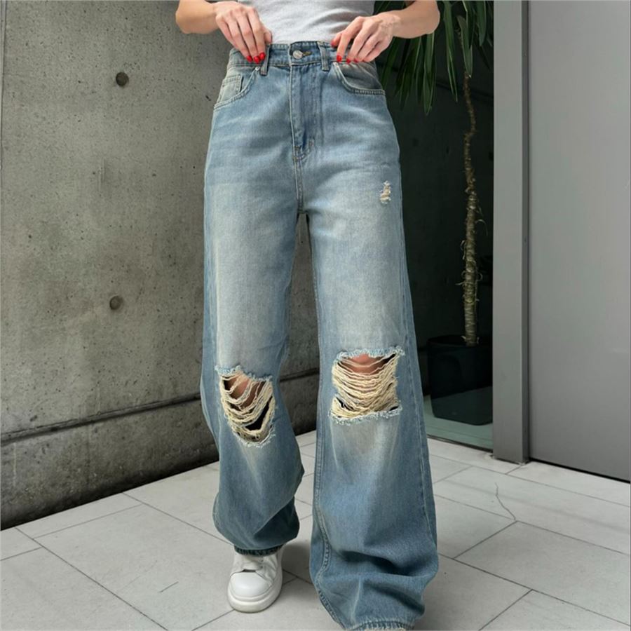 Mavi Vintage Yırtık Detay Bol Paça Kot Pantolon