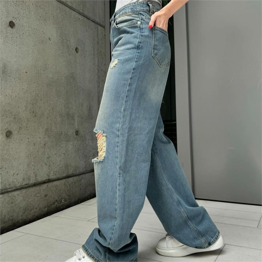 Mavi Vintage Yırtık Detay Bol Paça Kot Pantolon